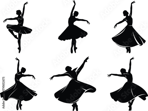 Black silhouette illustration, ballet dancers, classical dance, elegant poses, tutus, leotards, performance art, choreography, graceful movement