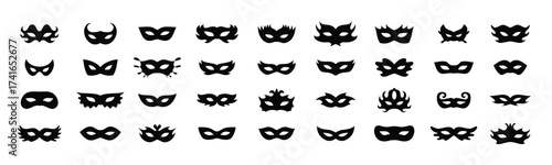 Carnival masks silhouettes icon set. Simple black icons masquerade mask, for party, parad, carnival, Halloween. Mask elements isolated sign, symbol