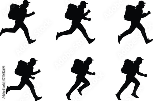 Running silhouette sequence, athlete with backpack, jogging motion study, sports training, fitness exercise, outdoor runner, biomechanics analysis, active lifestyle, workout concept, motion capture