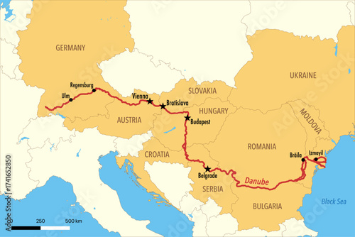 Vector Map of the Danube River Course from Source to the Black Sea with Countries and Major Cities