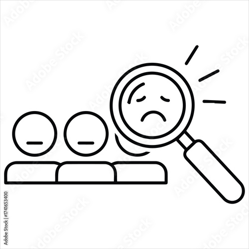Magnifying glass focuses on sad face among neutral faces

