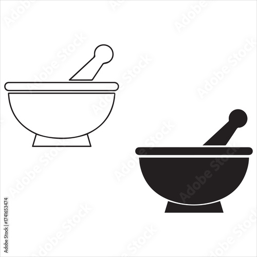 Mortar and pestle icon set outline and silhouette

