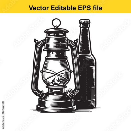 Vector art of antique kerosene lantern and a dark bottle