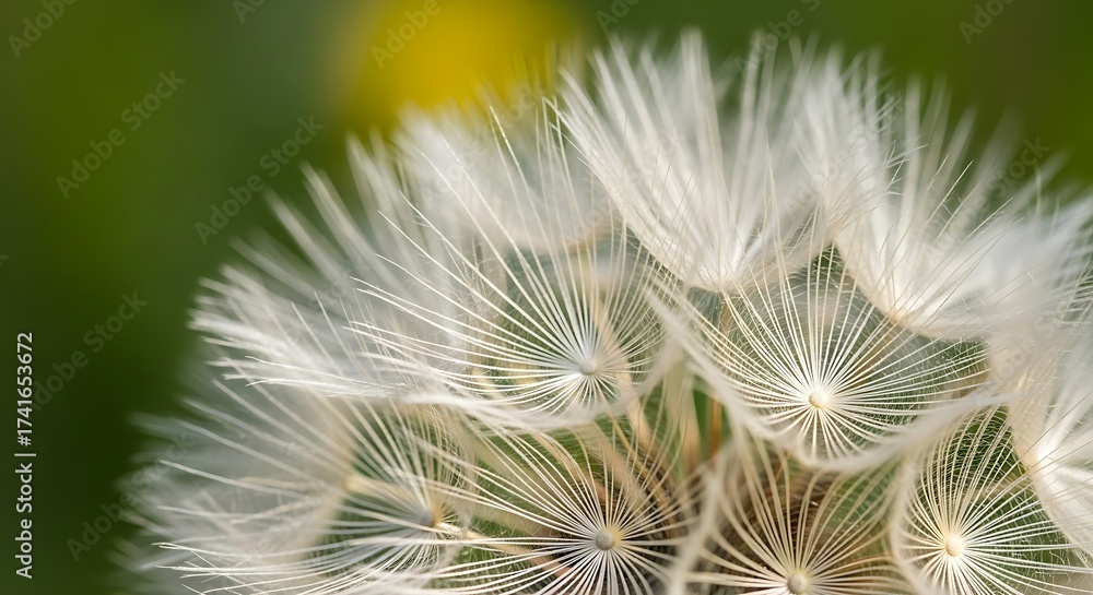 Fototapeta premium Close up of a dandelion seed head with a green and yellow background in soft focus outdoors showing detail