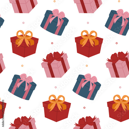 Pattern of colorful gift boxes. Vector seamless background of cute presents for Christmas, birthday, anniversary, Valentine`s day. Perfect for fabric, textile, wallpaper, decor, print and packaging.