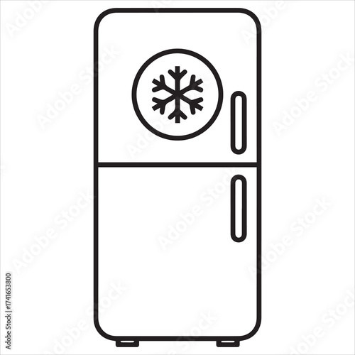 Simple line art icon of a refrigerator with a snowflake symbol

