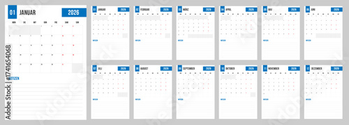 German 2026 calendar template set layout vertical pages starts on Monday and notes. Clean design annual planer Germany Kalendar
