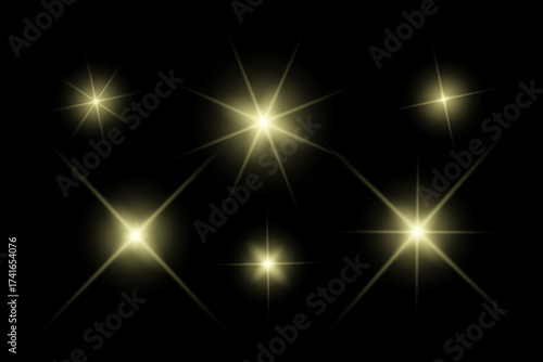 Golden sparkle  lights, flashing lights, light effects, sunlight lens flare, glowing ray beams, sparkling starsicon on black background.
