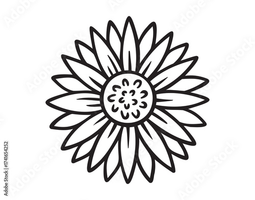 Sunflower outline drawing. Sun flower graphic logo, hand drawn doodle icon decor. Petals frame Sunflower