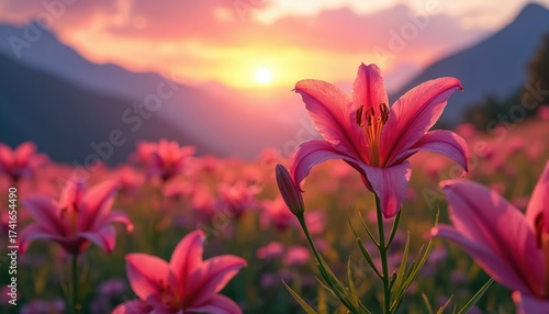 Vibrant illustration of pink lilies blooming at sunset in mountains meadow. Majestic scenery with soft sunlight. Peaceful floral landscape, wild nature, scenic background.
