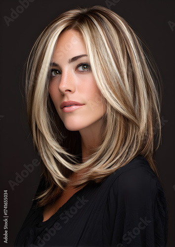 A confident woman with voluminous shoulder-length layered hair, featuring bold chunky blonde and caramel highlights over a dark brown base, wearing a black top, natural makeup, dramatic lighting 