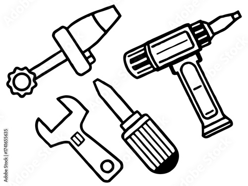 Vector objects bundle including hammer screwdriver wrench and drill scalable illustration for design projects silhouette White background
