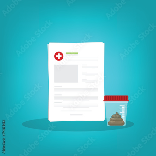 Stool analysis. Stool test icon. Medical sample in a glass tube and clipboard. Laboratory container with excrement. Vector illustration flat cartoon design.	