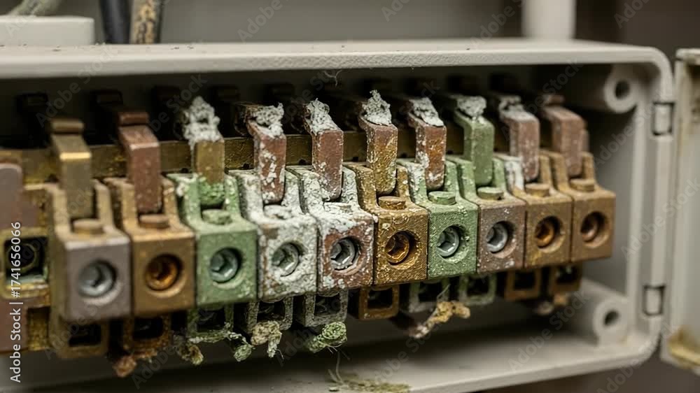 Electrical Conduit Rusting Electrical wiring inside junction box exhibits corrosion, showing aging ...