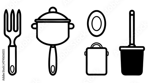 Set of 4 black vector kitchen utensil illustrations scalable icons for culinary design projects silhouette White background
