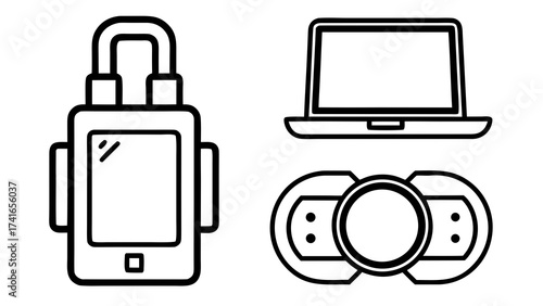 Four scalable black vector icons representing technology gadgets including laptop smartphone and spinner for digital design projects silhouette White background
