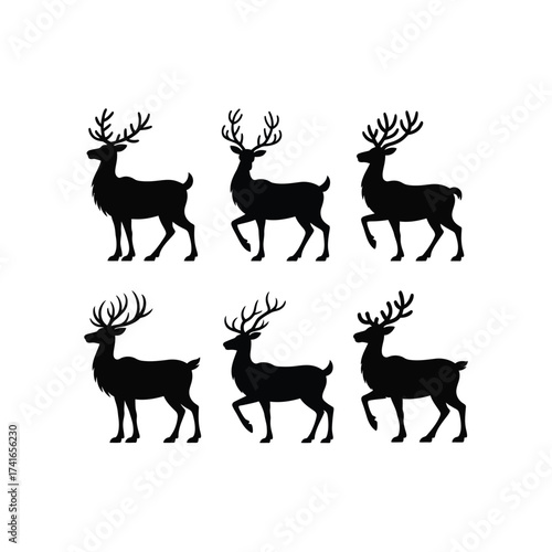 Six deer silhouettes standing and walking silhouette