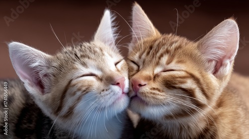 Two cats are sleeping together and one of them is licking the other. Scene is peaceful and loving