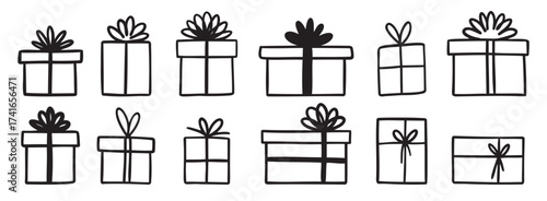 gift box doodle. Gift doodle bow present with ribbon illustration. Present hand drawn icon decorative outline element