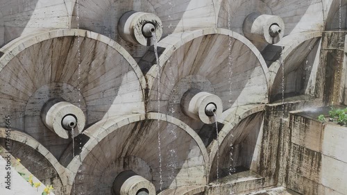 Yerevan, Cascade. An architectural and landscape structure. Water flows from an artificial waterfall, round shapes made of tuff