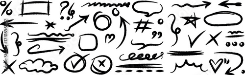 Hand-Drawn Brush Stroke Vector Elements Set. Doodle arrows, circles, crosses, checkmarks, and abstract organic shapes for annotations, emphasis, and graphic design projects.