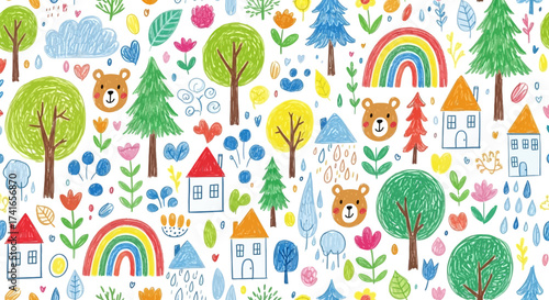 Whimsical Childrens Illustration Featuring Adorable Bears Colorful Trees Rainbows and Houses in a Playful Doodle Style