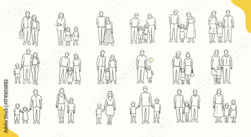 A Collection of Simple Sketch Illustrations Depicting Diverse Family Units and Individuals in Casual Poses and Outfits