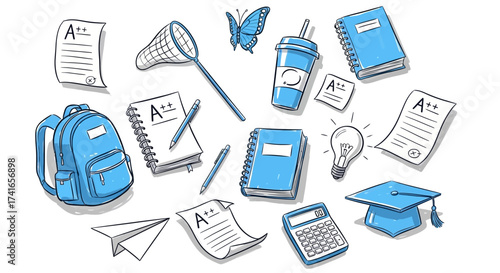 Back to School Supplies and Academic Achievement Symbols Illustrated in a Whimsical Hand-Drawn Style