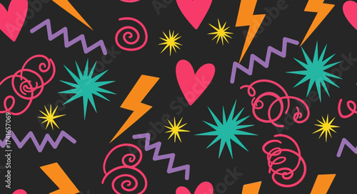 A Vibrant Collage of Retro Inspired Abstract Shapes and Symbols on a Dark Background for a Playful and Energetic Design