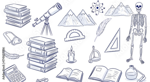 A Collection of Hand Drawn Illustrations Representing Science Education and Learning Tools