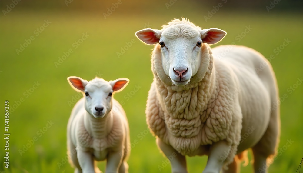 Fototapeta premium Sheep and Lamb Standing Together in a Green Pasture, with Soft Natural Sunlight and Shallow Depth of Field