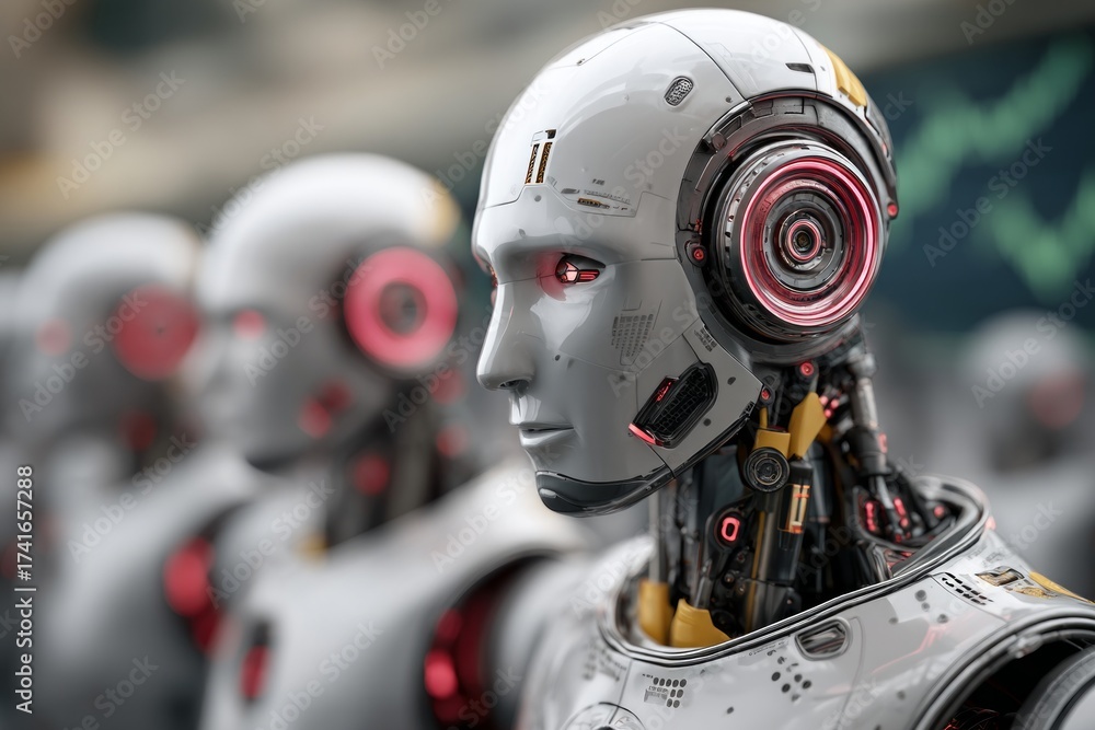 Fototapeta premium Financial hub futurism: ai and robots oversee stock trading. Off