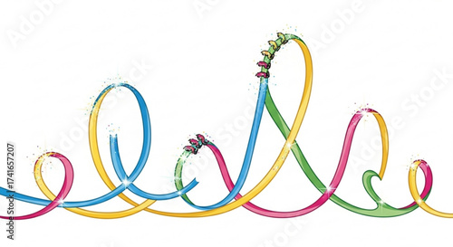 Illustration of a colorful roller coaster track with loops and cars on a white background theme park ride