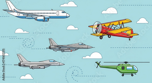 Various types of aircraft including a jet plane, biplane, helicopter and passenger plane in the sky