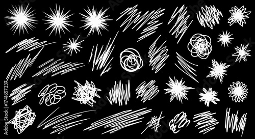 A Collection of Hand Drawn White Starbursts and Scribble Lines on a Black Background Illustrating a Variety of Textures and Effects