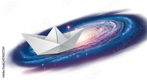 A paper boat sails through a vibrant galaxy with swirling colors and a bright star in the cosmic background