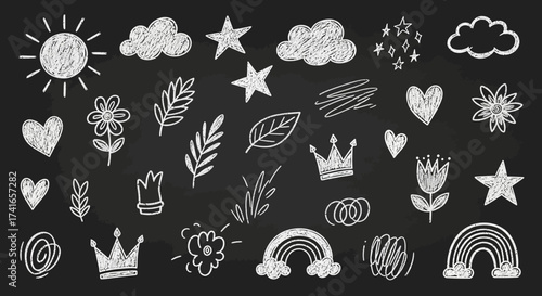 Chalkboard doodles with whimsical elements like sun clouds stars hearts flowers crowns and rainbows for children designs