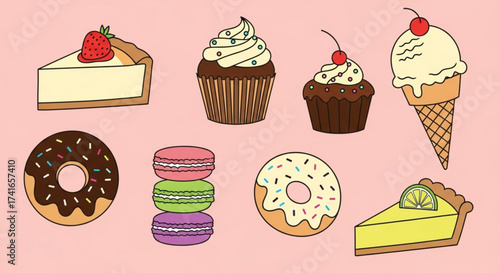 Illustration featuring an assortment of desserts including cake slices cupcakes donuts macarons and ice cream cone