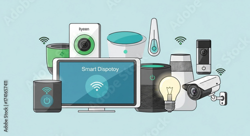 Illustration of various smart home devices including security camera monitor and smart speakers and bulb