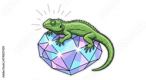 Illustration of a green lizard resting peacefully on a large multifaceted gemstone with light rays around it