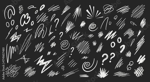 A Collection of White Chalk Drawn Scribbles Doodles and Question Marks on a Black Chalkboard Background