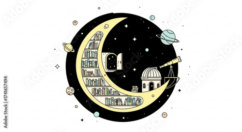 Illustration of a moon shaped bookshelf filled with books and a telescope observatory in a starry night sky
