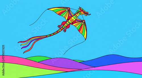 Illustration of a colorful dragon kite flying in a blue sky above a landscape with rolling hills