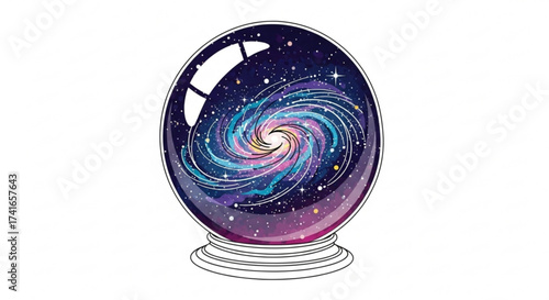 Illustration of a crystal ball containing a swirling galaxy with stars and cosmic dust on a white background