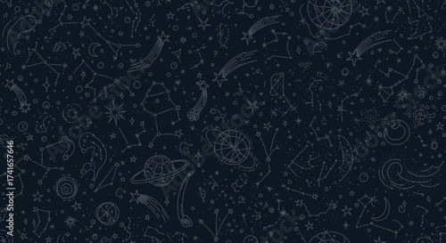 A Constellation of Celestial Wonders Depicting Stars Galaxies and Comets Across the Vast Expanse of the Night Sky in an Artistic Doodle Style