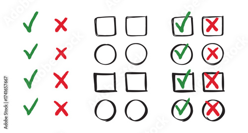 Check and cancel signs doodle icons. yes and no signs on circle and square hand drawn doodle signs. 