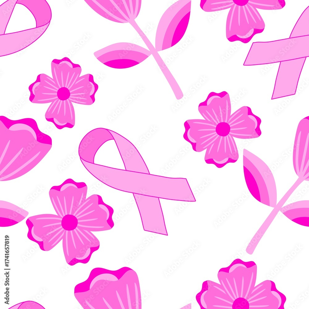 Obraz premium Breast cancer month seamless pink ribbon day mammogram pattern for medical accessories and medicine textiles