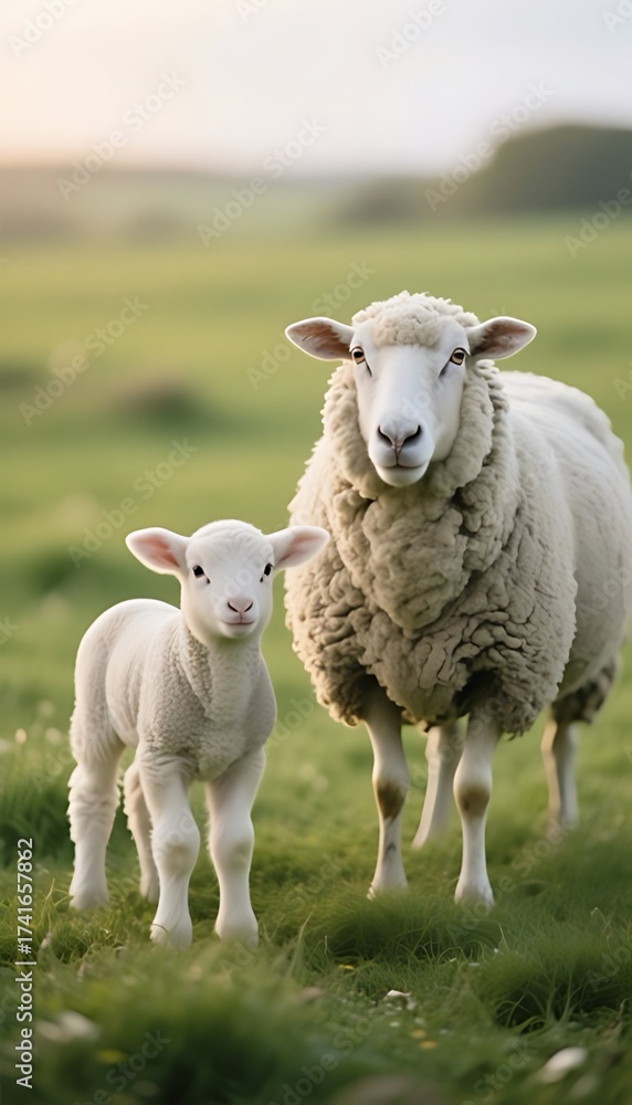 Fototapeta premium Sheep and Lamb Standing Together in a Green Pasture, with Soft Natural Sunlight and Shallow Depth of Field