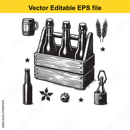 Vector art of wooden crate with beer bottles, mug, wheat, and stars