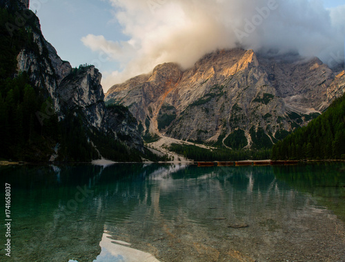 Lake Braies Neboli Pragser Wildsee are a lake in the Italian region of Jin Tirolsko, one of the most beautiful lakes in the Dolomites. Tourism concept.